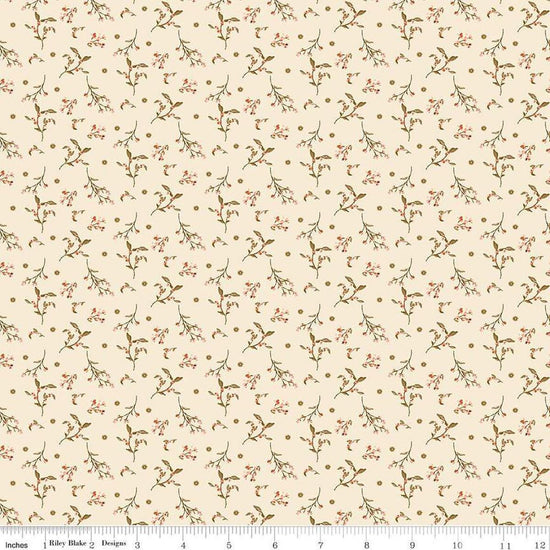 Image of Morning Latte Berries Latte quilting cotton fabric by Sandy Gervais for Riley Blake Designs. Features berries on a cream background. Cute Little Fabric Shop