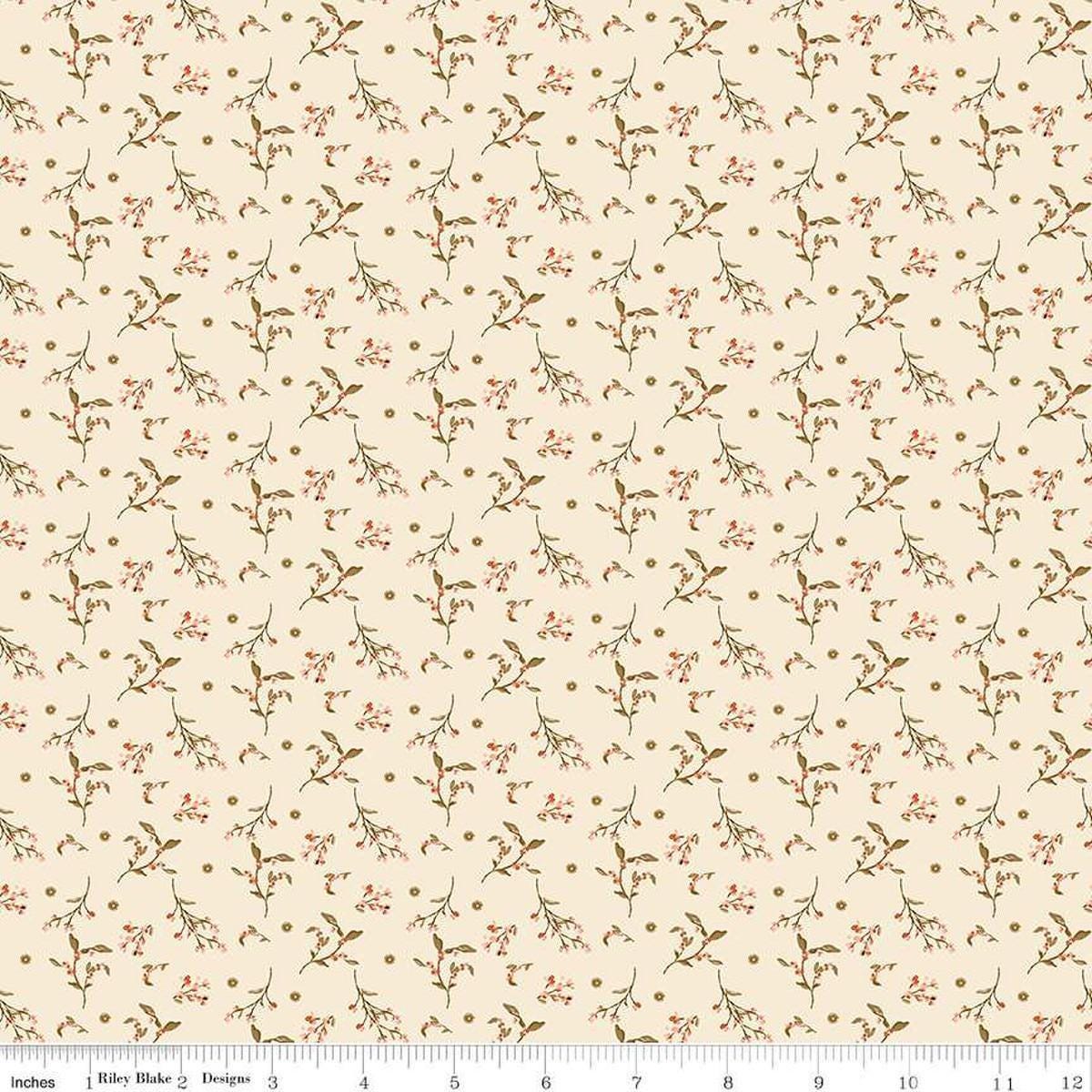 Image of Morning Latte Berries Latte quilting cotton fabric by Sandy Gervais for Riley Blake Designs. Features berries on a cream background. Cute Little Fabric Shop