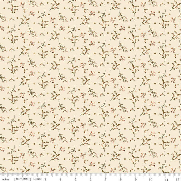 Image of Morning Latte Berries Latte quilting cotton fabric by Sandy Gervais for Riley Blake Designs. Features berries on a cream background. Cute Little Fabric Shop