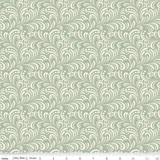 Image of Morning Latte Swirls Aloe quilting cotton fabric by Sandy Gervais for Riley Blake Designs. Features swirls on a green background. Cute Little Fabric Shop