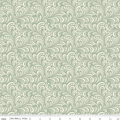 Image of Morning Latte Swirls Aloe quilting cotton fabric by Sandy Gervais for Riley Blake Designs. Features swirls on a green background. Cute Little Fabric Shop