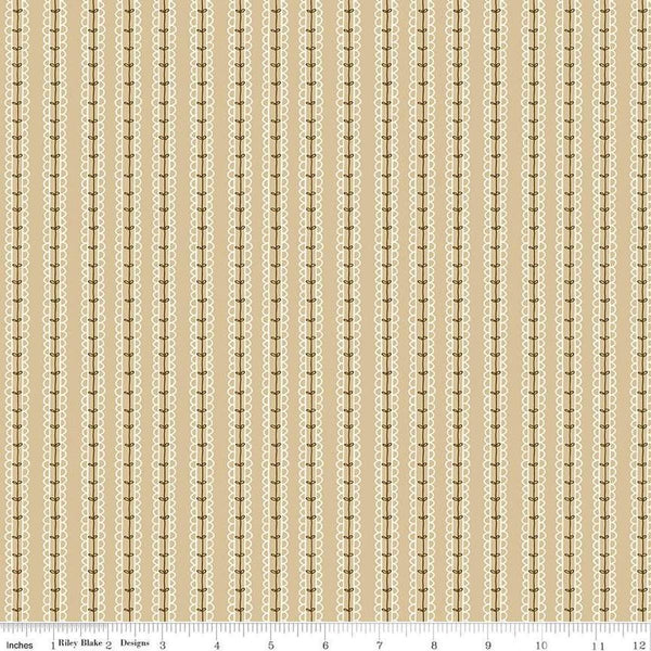 Image of Morning Latte Stripes Camel quilting cotton fabric by Sandy Gervais for Riley Blake Designs. Features stripes on a tan background. Cute Little Fabric Shop