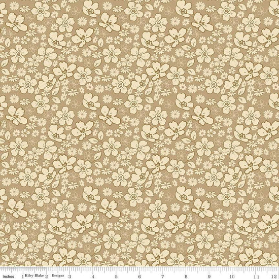 Image of Morning Latte Tonal Floral Camel quilting cotton fabric by Sandy Gervais for Riley Blake Designs. Features flowers on a tan background. Cute Little Fabric Shop
