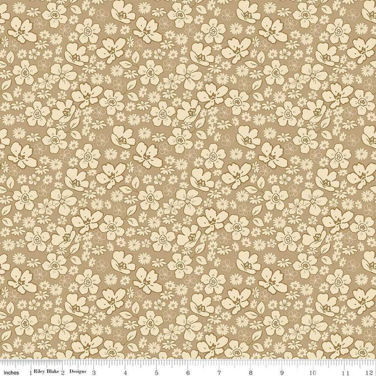 Image of Morning Latte Tonal Floral Camel quilting cotton fabric by Sandy Gervais for Riley Blake Designs. Features flowers on a tan background. Cute Little Fabric Shop
