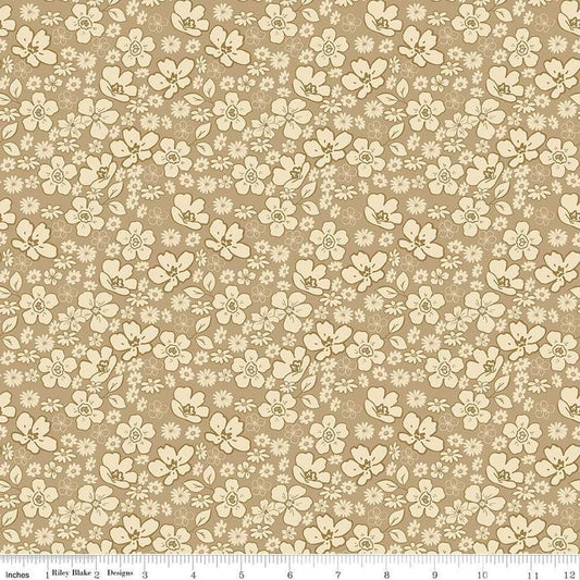 Image of Morning Latte Tonal Floral Camel quilting cotton fabric by Sandy Gervais for Riley Blake Designs. Features flowers on a tan background. Cute Little Fabric Shop