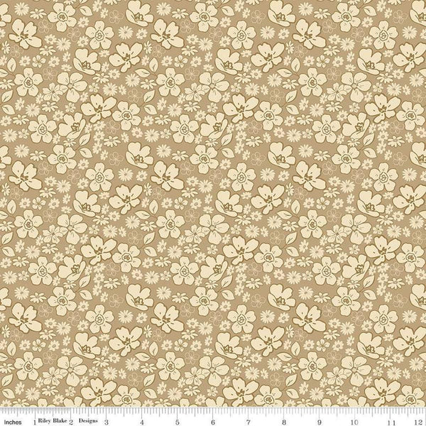 Image of Morning Latte Tonal Floral Camel quilting cotton fabric by Sandy Gervais for Riley Blake Designs. Features flowers on a tan background. Cute Little Fabric Shop