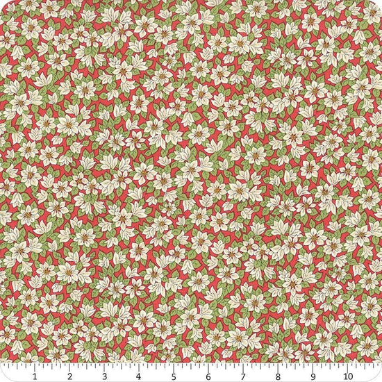 Image of Festive Greetings Peaceful Poinsettias quilting cotton fabric by Liberty Fabrics for Riley Blake Designs. Features flowers on a red background. Cute Little Fabric Shop