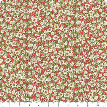 Image of Festive Greetings Peaceful Poinsettias quilting cotton fabric by Liberty Fabrics for Riley Blake Designs. Features flowers on a red background. Cute Little Fabric Shop