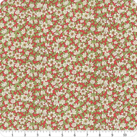 Image of Festive Greetings Peaceful Poinsettias quilting cotton fabric by Liberty Fabrics for Riley Blake Designs. Features flowers on a red background. Cute Little Fabric Shop