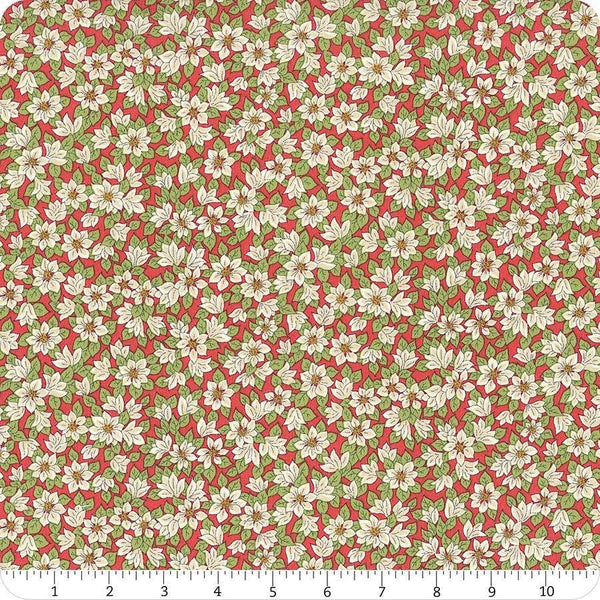 Image of Festive Greetings Peaceful Poinsettias quilting cotton fabric by Liberty Fabrics for Riley Blake Designs. Features flowers on a red background. Cute Little Fabric Shop