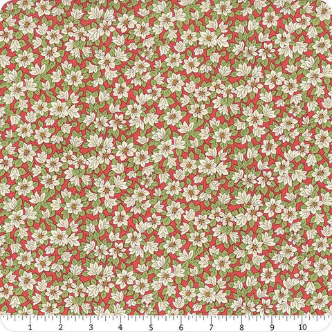 Image of Festive Greetings Peaceful Poinsettias quilting cotton fabric by Liberty Fabrics for Riley Blake Designs. Features flowers on a red background. Cute Little Fabric Shop