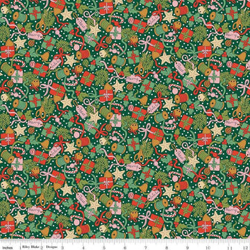 Image of Festive Greetings Festive Gifting quilting cotton fabric by Liberty Fabrics for Riley Blake Designs. Features presents on a green background. Cute Little Fabric Shop