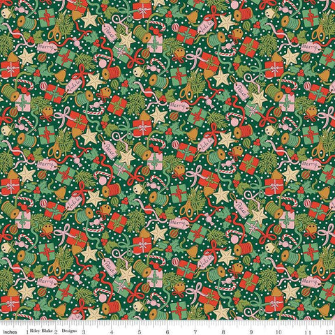 Image of Festive Greetings Festive Gifting quilting cotton fabric by Liberty Fabrics for Riley Blake Designs. Features presents on a green background. Cute Little Fabric Shop