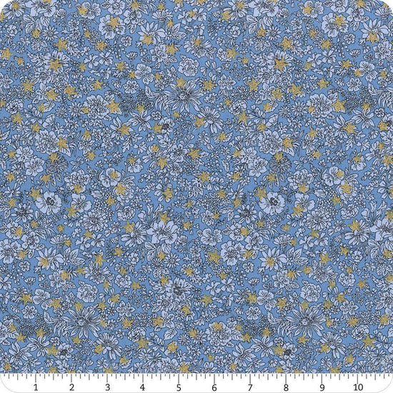 Image of Festive Greetings Emily Star quilting cotton fabric by Liberty Fabrics for Riley Blake Designs. Features stars on a blue background. Cute Little Fabric Shop