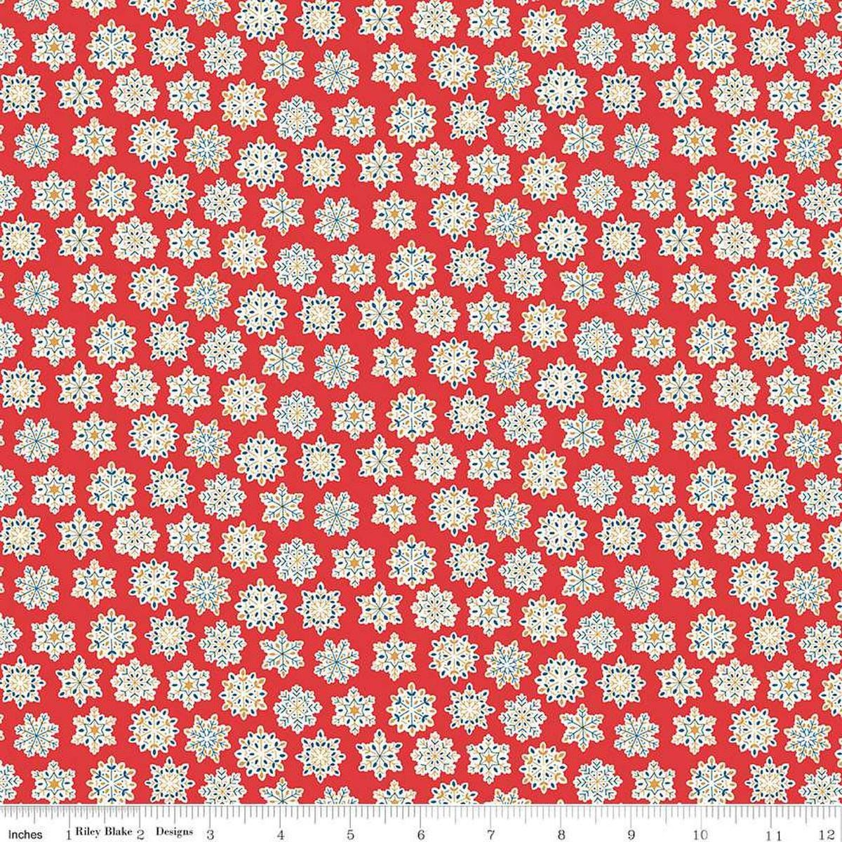 Image of Festive Greetings Snow Season quilting cotton fabric by Liberty Fabrics for Riley Blake Designs. Features snowflakes on a red background. Cute Little Fabric Shop