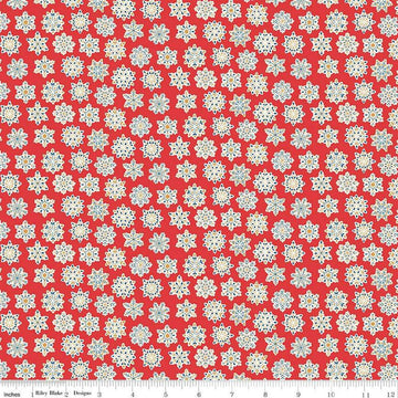 Image of Festive Greetings Snow Season quilting cotton fabric by Liberty Fabrics for Riley Blake Designs. Features snowflakes on a red background. Cute Little Fabric Shop