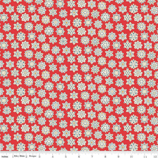 Image of Festive Greetings Snow Season quilting cotton fabric by Liberty Fabrics for Riley Blake Designs. Features snowflakes on a red background. Cute Little Fabric Shop