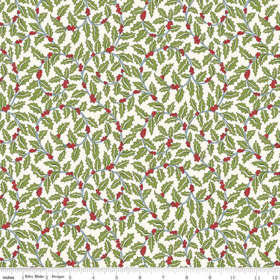 Image of Festive Greetings Swirling Holly quilting cotton fabric by Liberty Fabrics for Riley Blake Designs. Features holly on a white background. Cute Little Fabric Shop