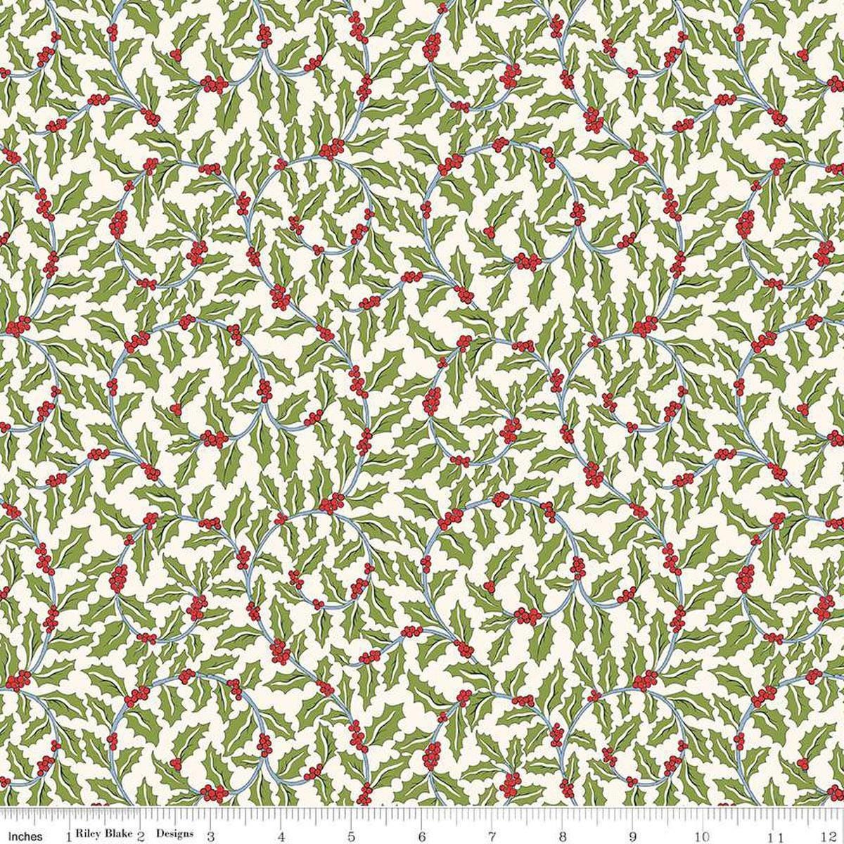 Image of Festive Greetings Swirling Holly quilting cotton fabric by Liberty Fabrics for Riley Blake Designs. Features holly on a white background. Cute Little Fabric Shop