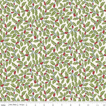 Image of Festive Greetings Swirling Holly quilting cotton fabric by Liberty Fabrics for Riley Blake Designs. Features holly on a white background. Cute Little Fabric Shop
