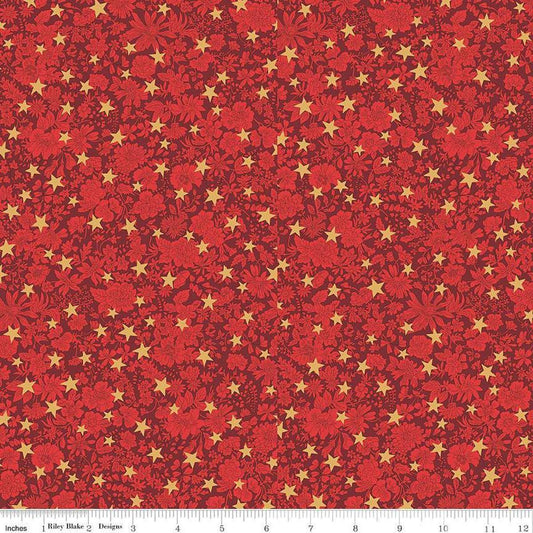 Image of Festive Greetings Emily Star quilting cotton fabric by Liberty Fabrics for Riley Blake Designs. Features stars on a red background. Cute Little Fabric Shop