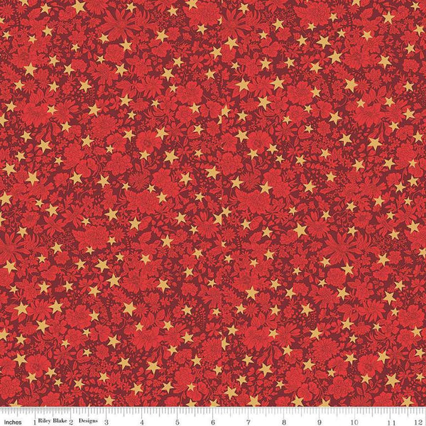 Image of Festive Greetings Emily Star quilting cotton fabric by Liberty Fabrics for Riley Blake Designs. Features stars on a red background. Cute Little Fabric Shop