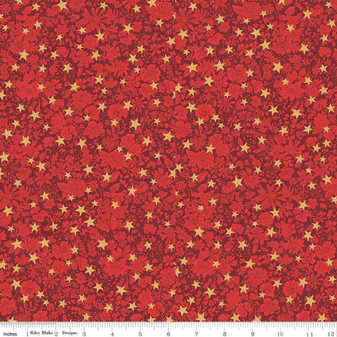 Image of Festive Greetings Emily Star quilting cotton fabric by Liberty Fabrics for Riley Blake Designs. Features stars on a red background. Cute Little Fabric Shop