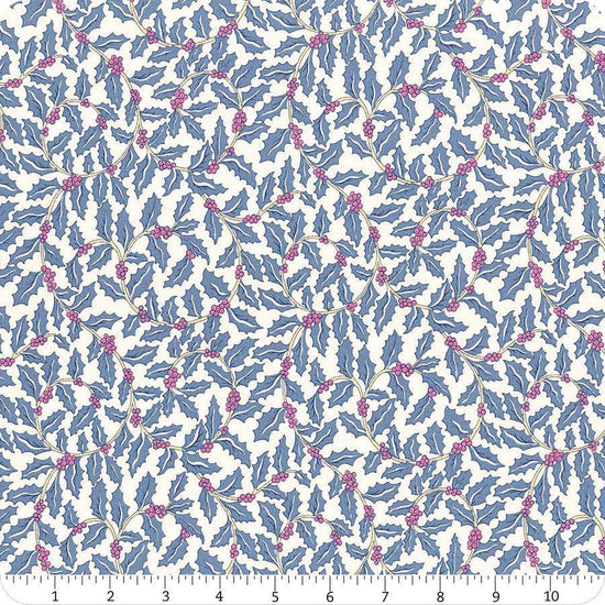 Image of Festive Greetings Swirling Holly quilting cotton fabric by Liberty Fabrics for Riley Blake Designs. Features holly on a white background. Cute Little Fabric Shop