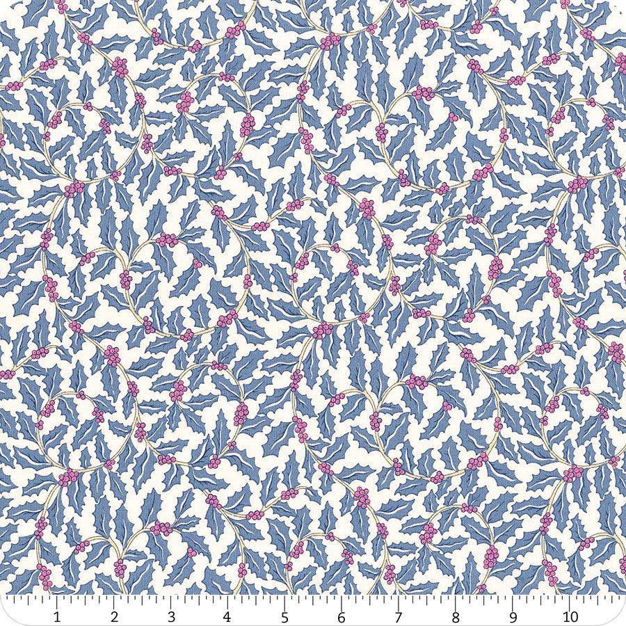Image of Festive Greetings Swirling Holly quilting cotton fabric by Liberty Fabrics for Riley Blake Designs. Features holly on a white background. Cute Little Fabric Shop