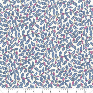 Image of Festive Greetings Swirling Holly quilting cotton fabric by Liberty Fabrics for Riley Blake Designs. Features holly on a white background. Cute Little Fabric Shop