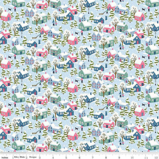 Image of Festive Greetings Festive Village quilting cotton fabric by Liberty Fabrics for Riley Blake Designs. Features houses on a blue background. Cute Little Fabric Shop