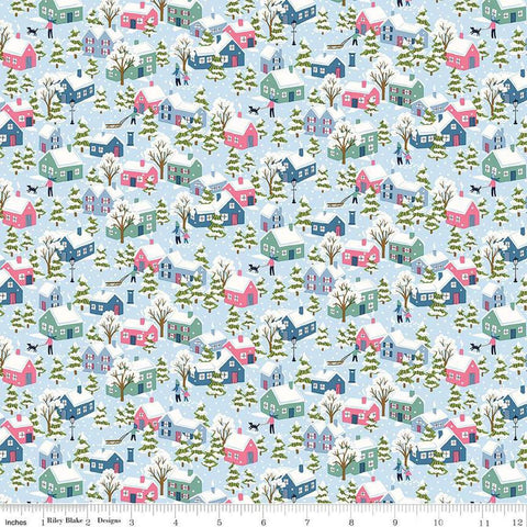 Image of Festive Greetings Festive Village quilting cotton fabric by Liberty Fabrics for Riley Blake Designs. Features houses on a blue background. Cute Little Fabric Shop