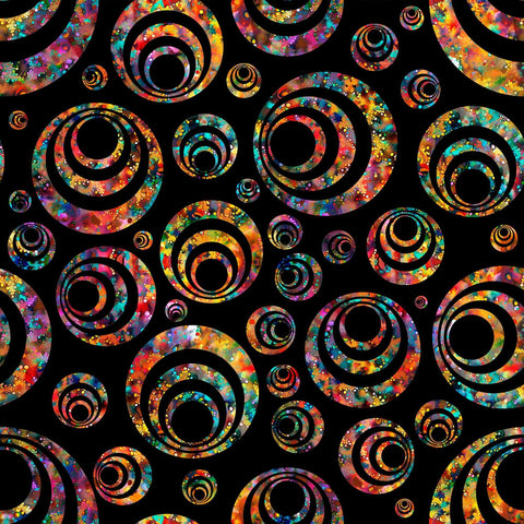 Image of Bedazzled Bullseye Black quilting cotton fabric by Morris Creative Group for QT Fabrics. Features circles on a black background. Cute Little Fabric Shop
