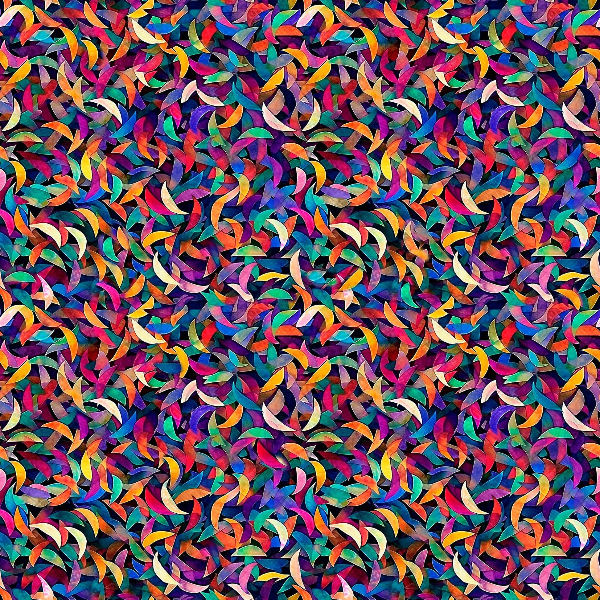 Image of Bedazzled Confetti Multi quilting cotton fabric by Morris Creative Group for QT Fabrics. Features swirls on a black background. Cute Little Fabric Shop