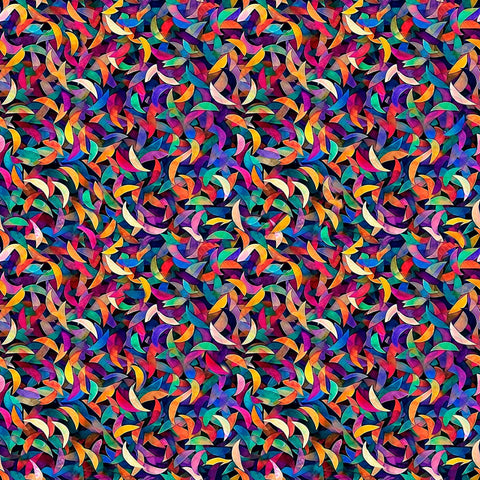 Image of Bedazzled Confetti Multi quilting cotton fabric by Morris Creative Group for QT Fabrics. Features swirls on a black background. Cute Little Fabric Shop