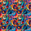 Image of Bedazzled Swirl Multi quilting cotton fabric by Morris Creative Group for QT Fabrics. Features swirls on a black background. Cute Little Fabric Shop