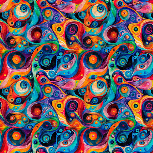Image of Bedazzled Swirl Multi quilting cotton fabric by Morris Creative Group for QT Fabrics. Features swirls on a black background. Cute Little Fabric Shop