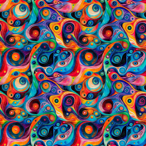 Image of Bedazzled Swirl Multi quilting cotton fabric by Morris Creative Group for QT Fabrics. Features swirls on a black background. Cute Little Fabric Shop