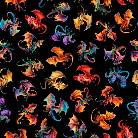 Image of Dragon's Song Tossed Dragons Black quilting cotton fabric by Morris Creative Group for QT Fabrics. Features dragons on a black background. Cute Little Fabric Shop