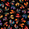 Image of Dragon's Song Tossed Dragons Black quilting cotton fabric by Morris Creative Group for QT Fabrics. Features dragons on a black background. Cute Little Fabric Shop