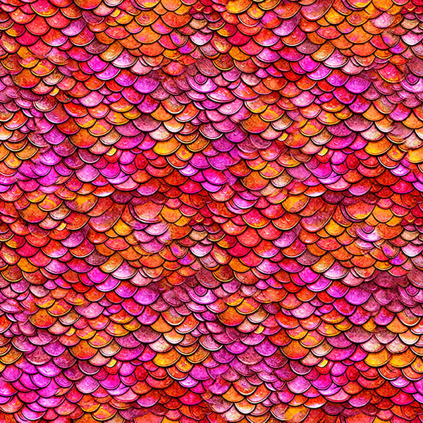 Image of Dragon&#39;s Song Dragon Scales Red Orange quilting cotton fabric by Morris Creative Group for QT Fabrics. Features scales on a red background. Cute Little Fabric Shop