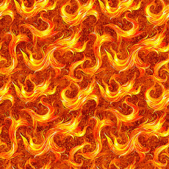 Image of Dragon's Song Flames Orange quilting cotton fabric by Morris Creative Group for QT Fabrics. Features fire on an orange background. Cute Little Fabric Shop