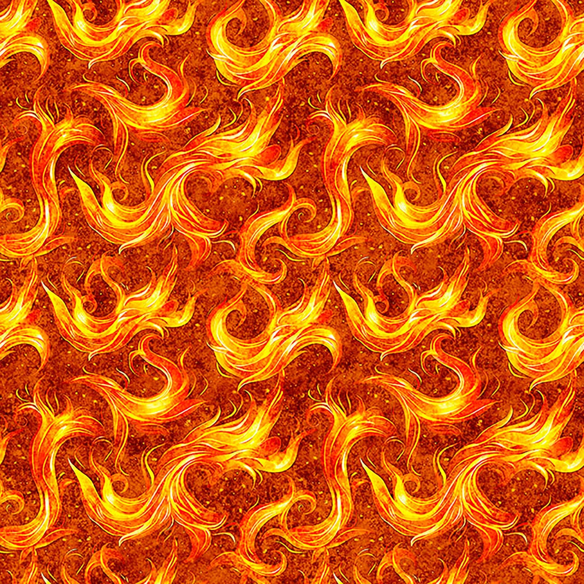 Image of Dragon's Song Flames Orange quilting cotton fabric by Morris Creative Group for QT Fabrics. Features fire on an orange background. Cute Little Fabric Shop