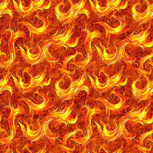 Image of Dragon's Song Flames Orange quilting cotton fabric by Morris Creative Group for QT Fabrics. Features fire on an orange background. Cute Little Fabric Shop