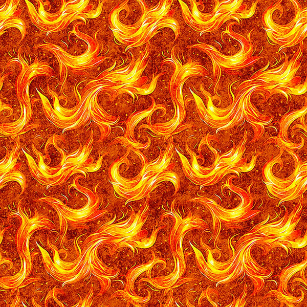 Image of Dragon&#39;s Song Flames Orange quilting cotton fabric by Morris Creative Group for QT Fabrics. Features fire on an orange background. Cute Little Fabric Shop