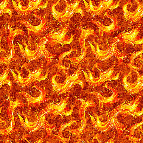 Image of Dragon&#39;s Song Flames Orange quilting cotton fabric by Morris Creative Group for QT Fabrics. Features fire on an orange background. Cute Little Fabric Shop