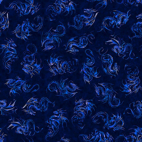 Image of Dragon's Song Linocut Royal quilting cotton fabric by Morris Creative Group for QT Fabrics. Features dragons on a blue background. Cute Little Fabric Shop