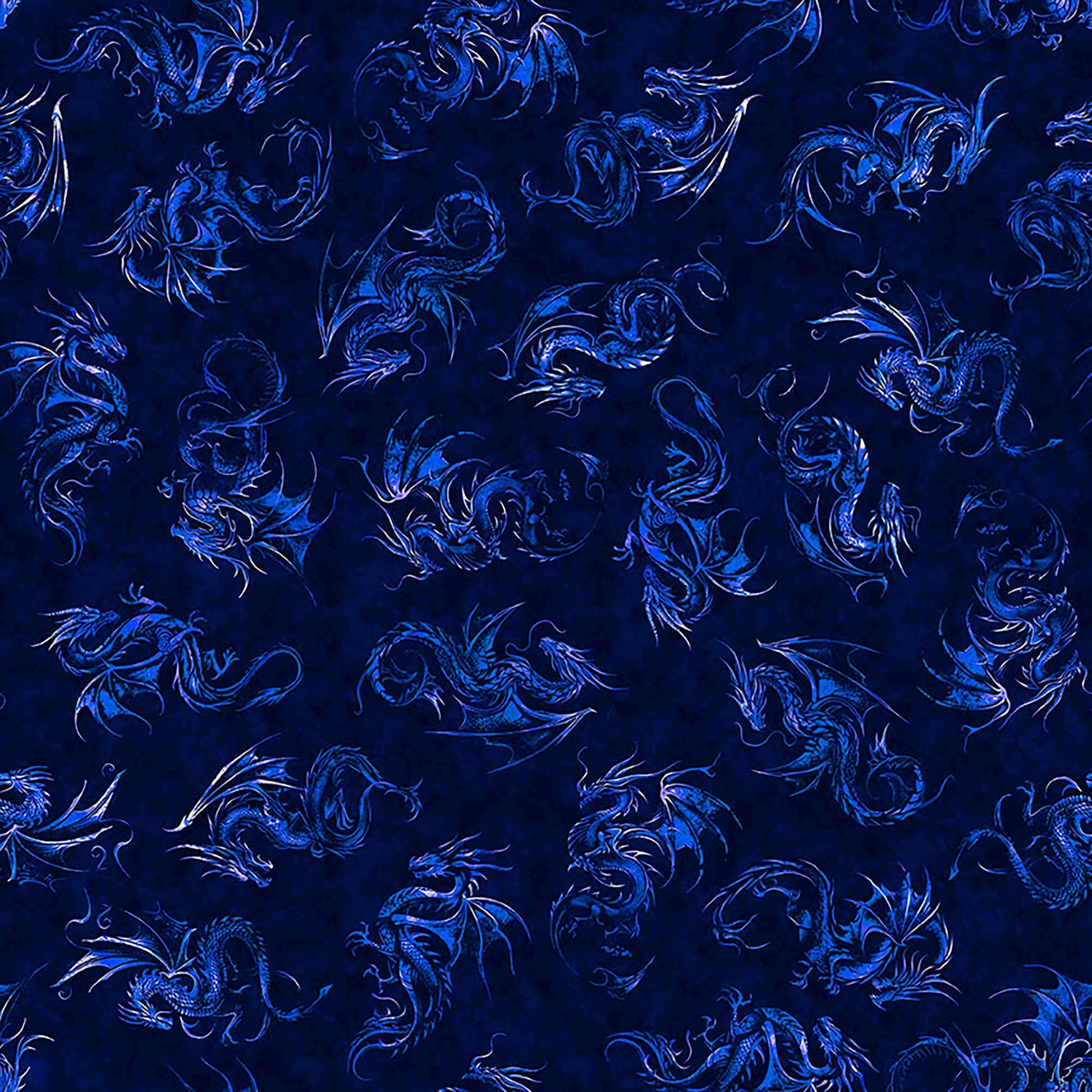 Image of Dragon's Song Linocut Royal quilting cotton fabric by Morris Creative Group for QT Fabrics. Features dragons on a blue background. Cute Little Fabric Shop