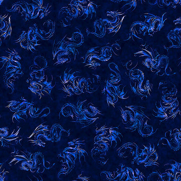 Image of Dragon's Song Linocut Royal quilting cotton fabric by Morris Creative Group for QT Fabrics. Features dragons on a blue background. Cute Little Fabric Shop