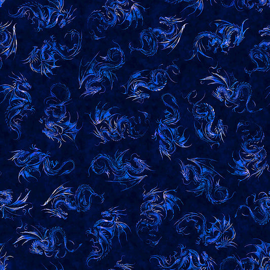 Image of Dragon's Song Linocut Royal quilting cotton fabric by Morris Creative Group for QT Fabrics. Features dragons on a blue background. Cute Little Fabric Shop